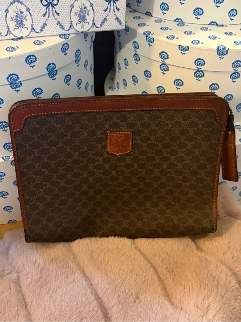 Celine Brown Monogram Zip Wristlet with Tan Trim